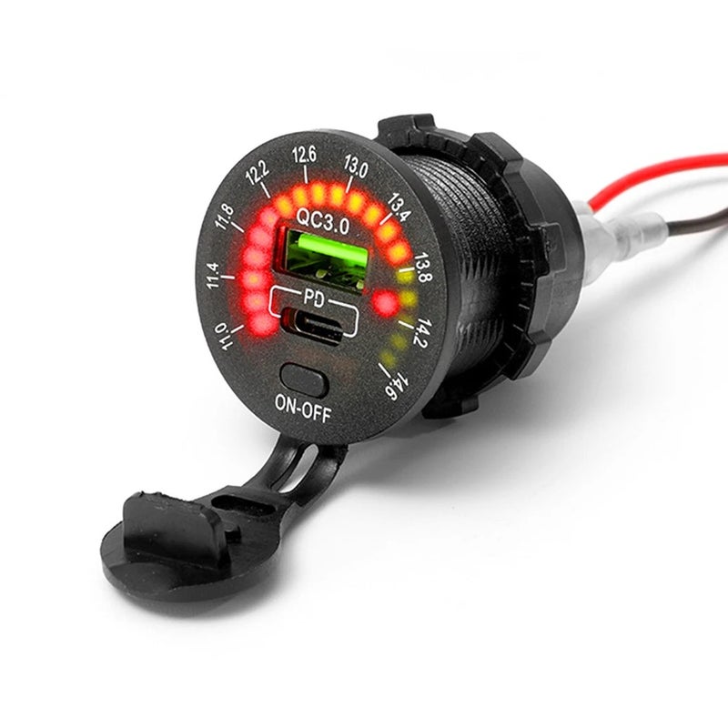 Bluejw DC 12-24V Fast USB Car Charger, Type-C PD & QC3.0 Dual Port Car Charger Socket with LED Voltmeter for Automobile, Boat, Motorcycle - Image 2